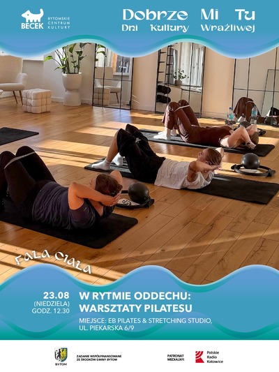 Plakat wydarzenia:  FALA CIAŁA – W rytmie oddechu: warsztaty pilatesu 
