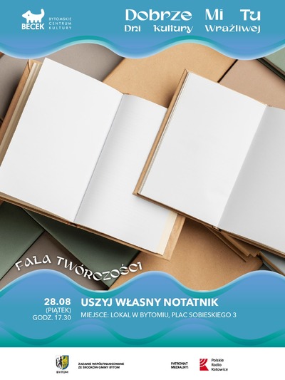 Plakat wydarzenia:  FALA TWÓRCZOŚCI – Uszyj własny notatnik: warsztaty rzemieślnicze 